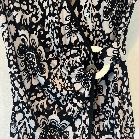 Joseph Ribkoff Y2K Faux Wrap Floral Blouse Clear Sequin Asymmetrical Hem - Picture 3 of 9